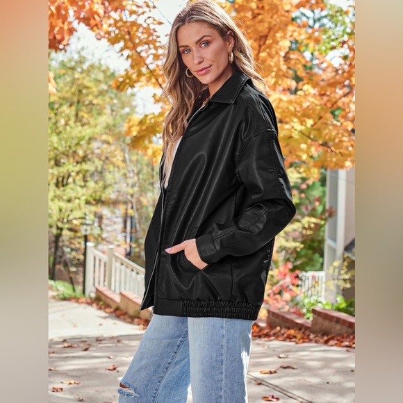 AUTOMET Oversized Faux Leather Jacket Fall Motorcycle Style Coat with Zipper - Picture 5 of 8